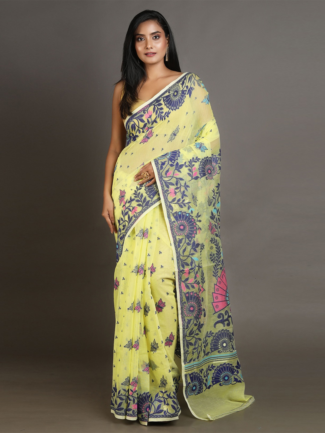 

Arhi Yellow & Grey Floral Silk Cotton Jamdani Saree