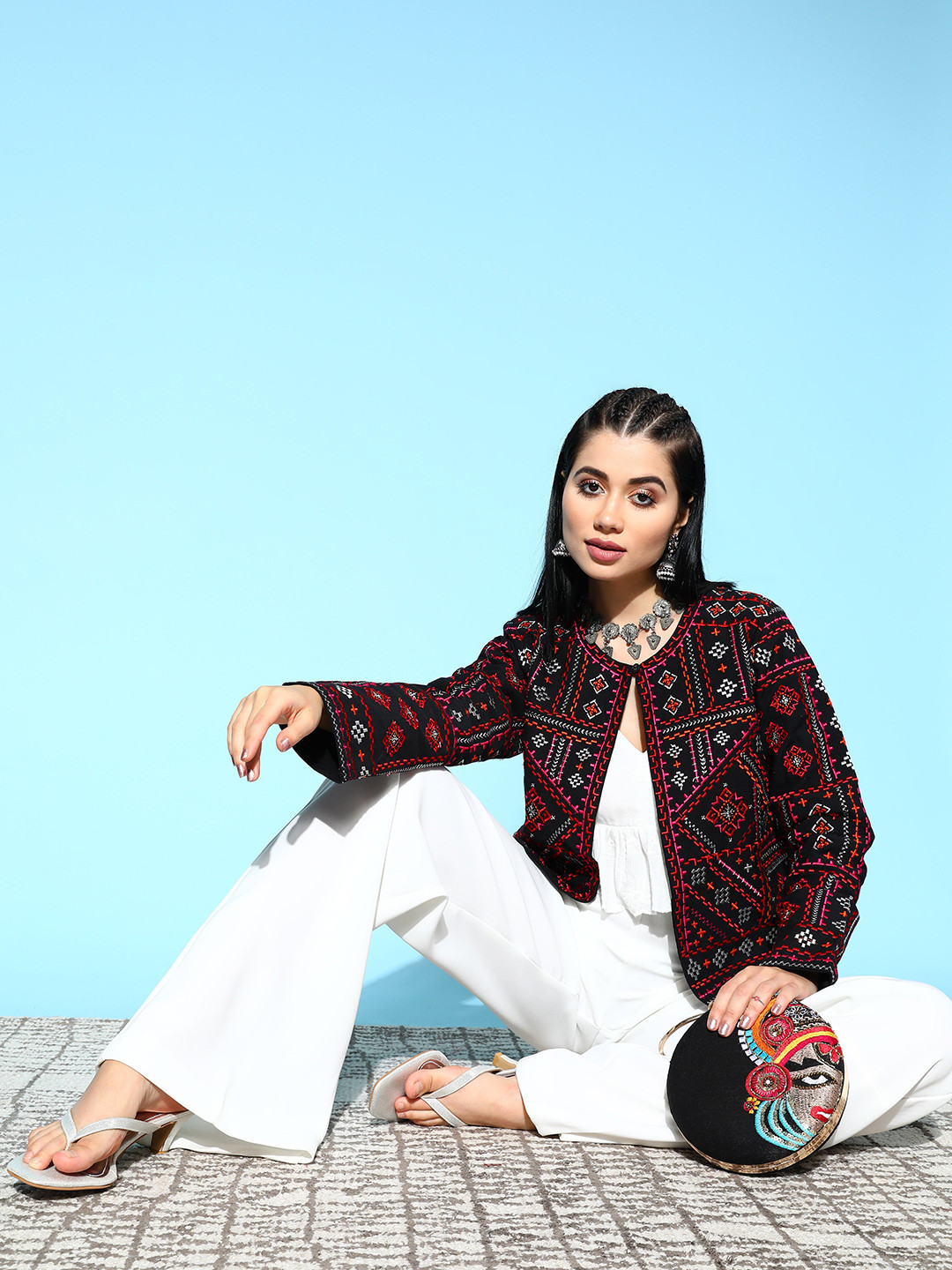 

Sunehri Self Design Printed Shrug, Black