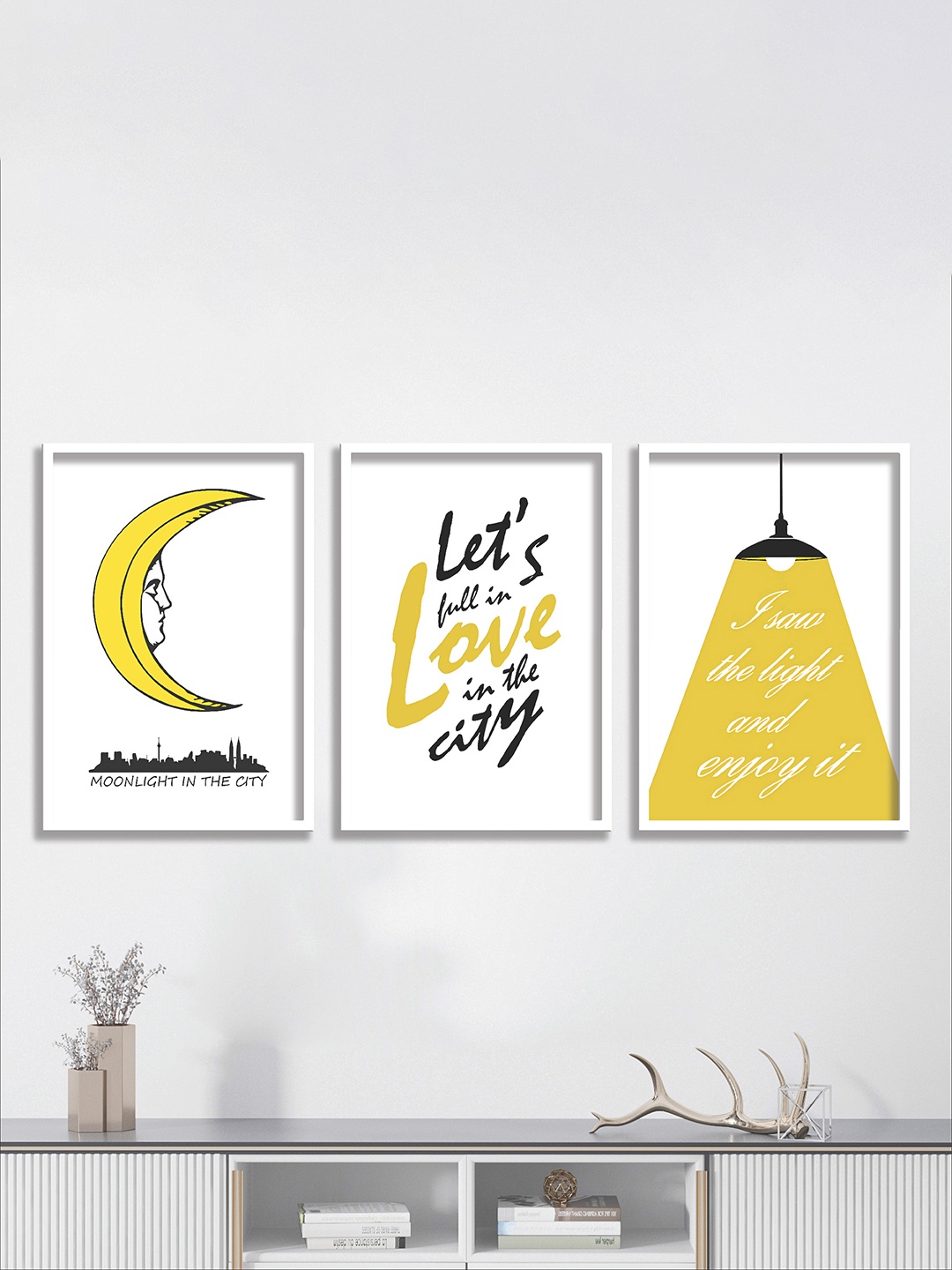 

SAF Set Of 3 White & Yellow Modern UV Textured Painting Wall Art