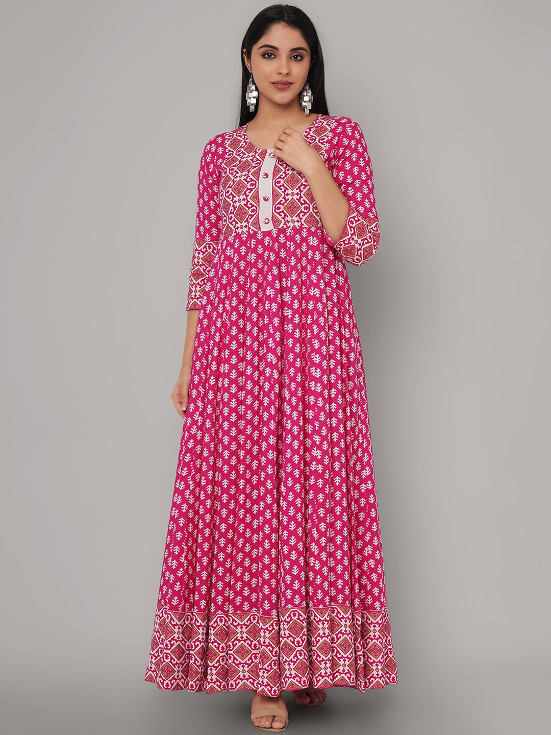 

Sanganeri Kurti Women Pink & White Ethnic Motifs Printed Pastels Anarkali Kurta