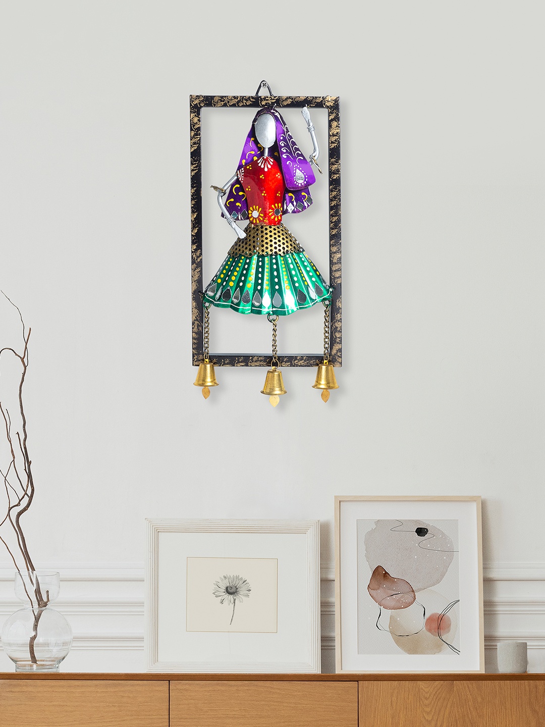 

Golden Peacock Green & Purple Abhla Bharat Embellished Dancing Doll Wall Hanging