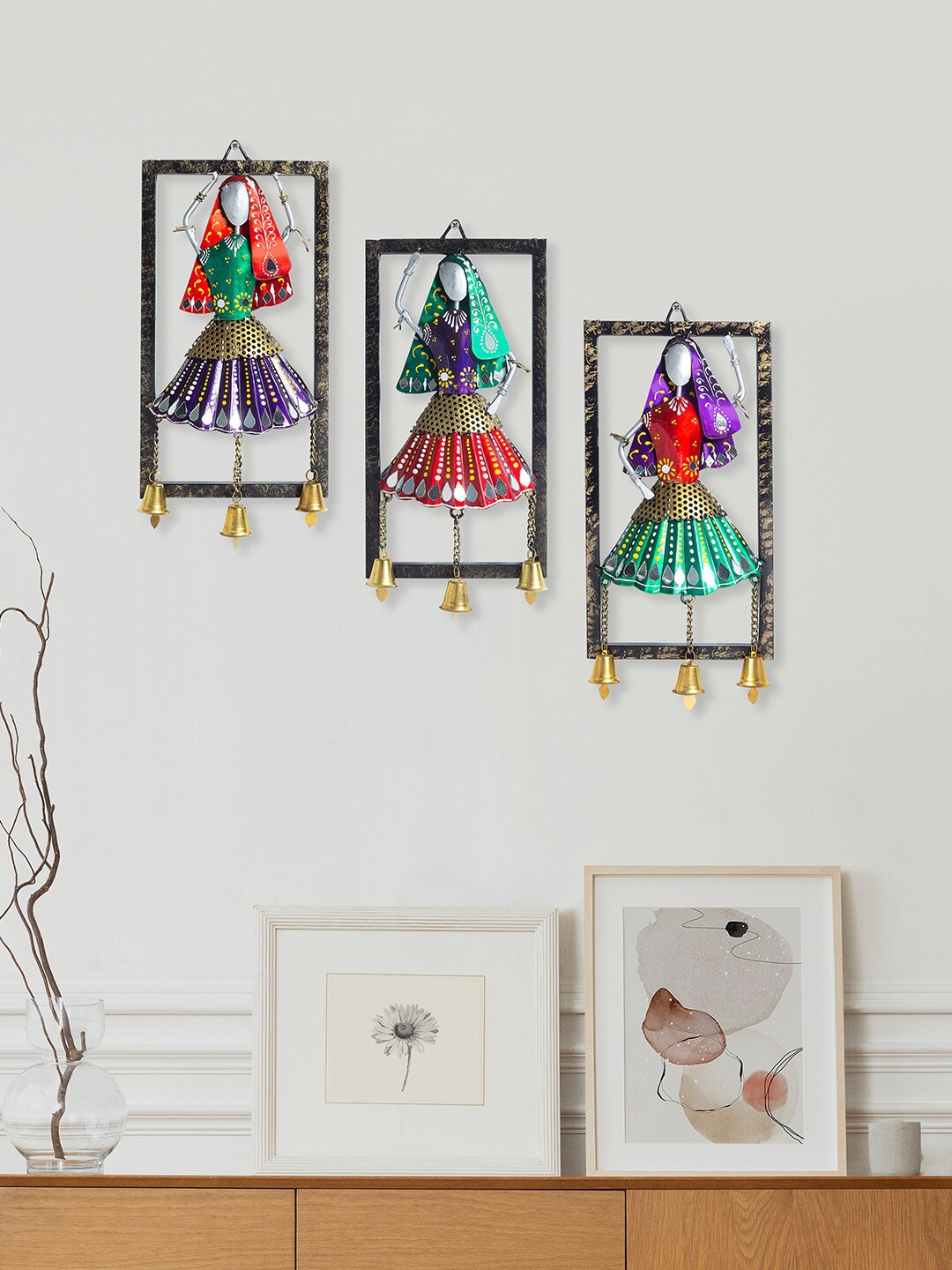 

Golden Peacock Set of 3 Red & Green Embellished Dancing Doll Wall Hanging