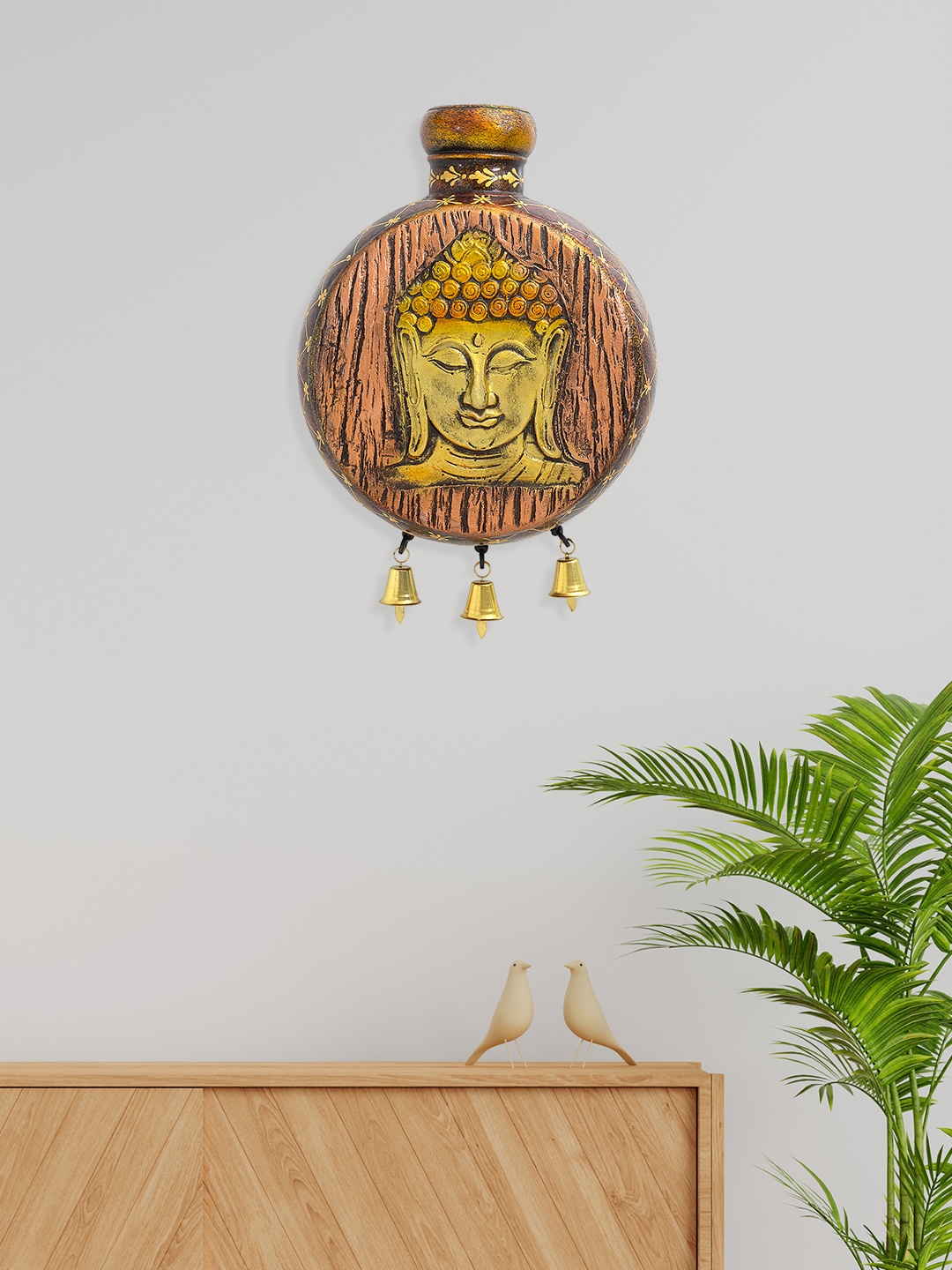 

Golden Peacock Brown & Gold-Toned Engraved Budhha With Bell Wall Hanging