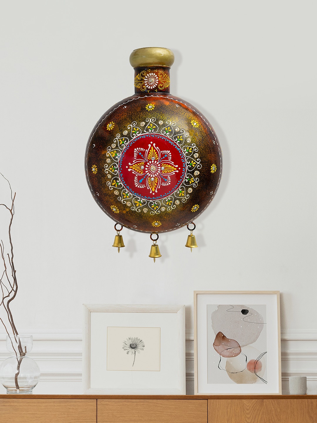 

Golden Peacock Brown & Gold-Toned Printed Wall Mounted Round Vase with Hanging Bells