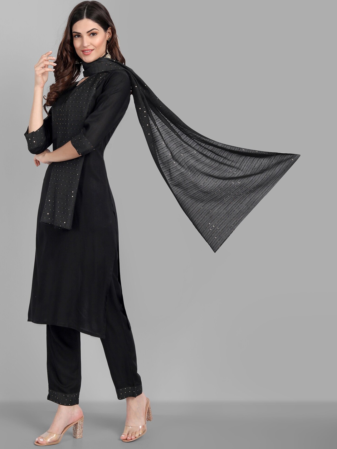 

SINGNI Women Sequins Embellished Yoke Design Kurta With Trouser And Dupatta, Black