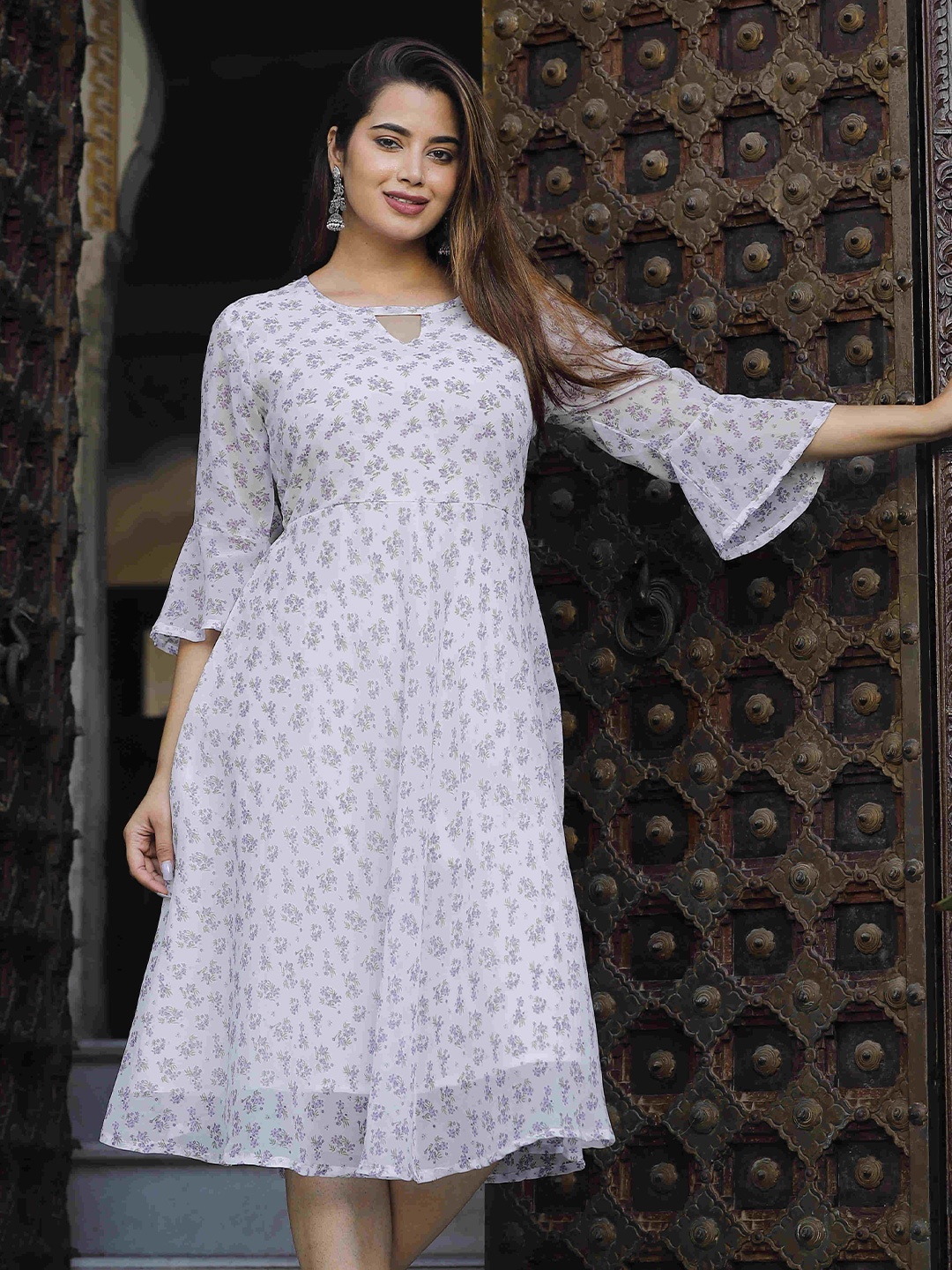 

SINGNI White Printed Keyhole Neck Georgette A-Line Dress
