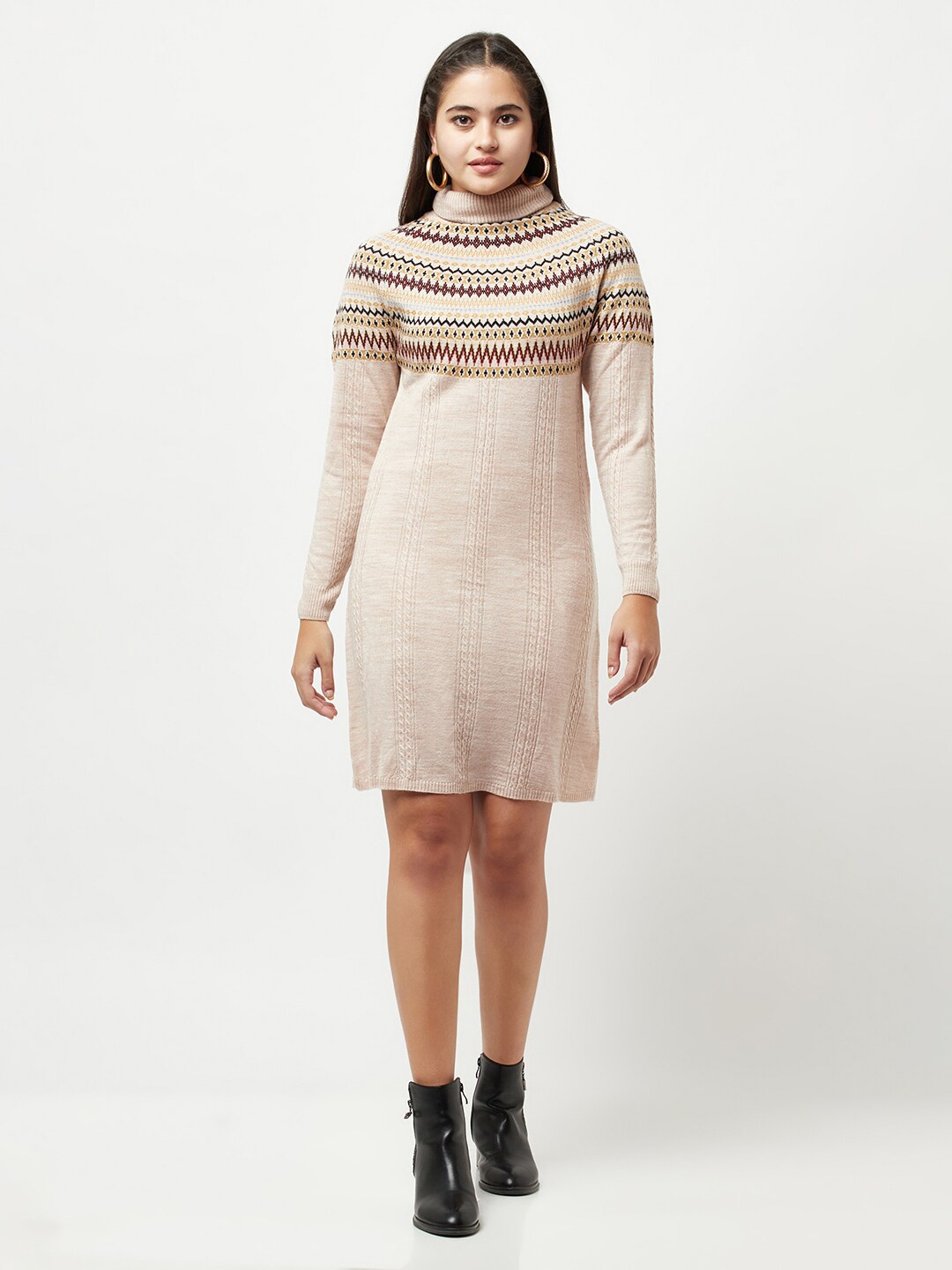 

Knitstudio Beige & Black Woven Design Wool Jumper Dress