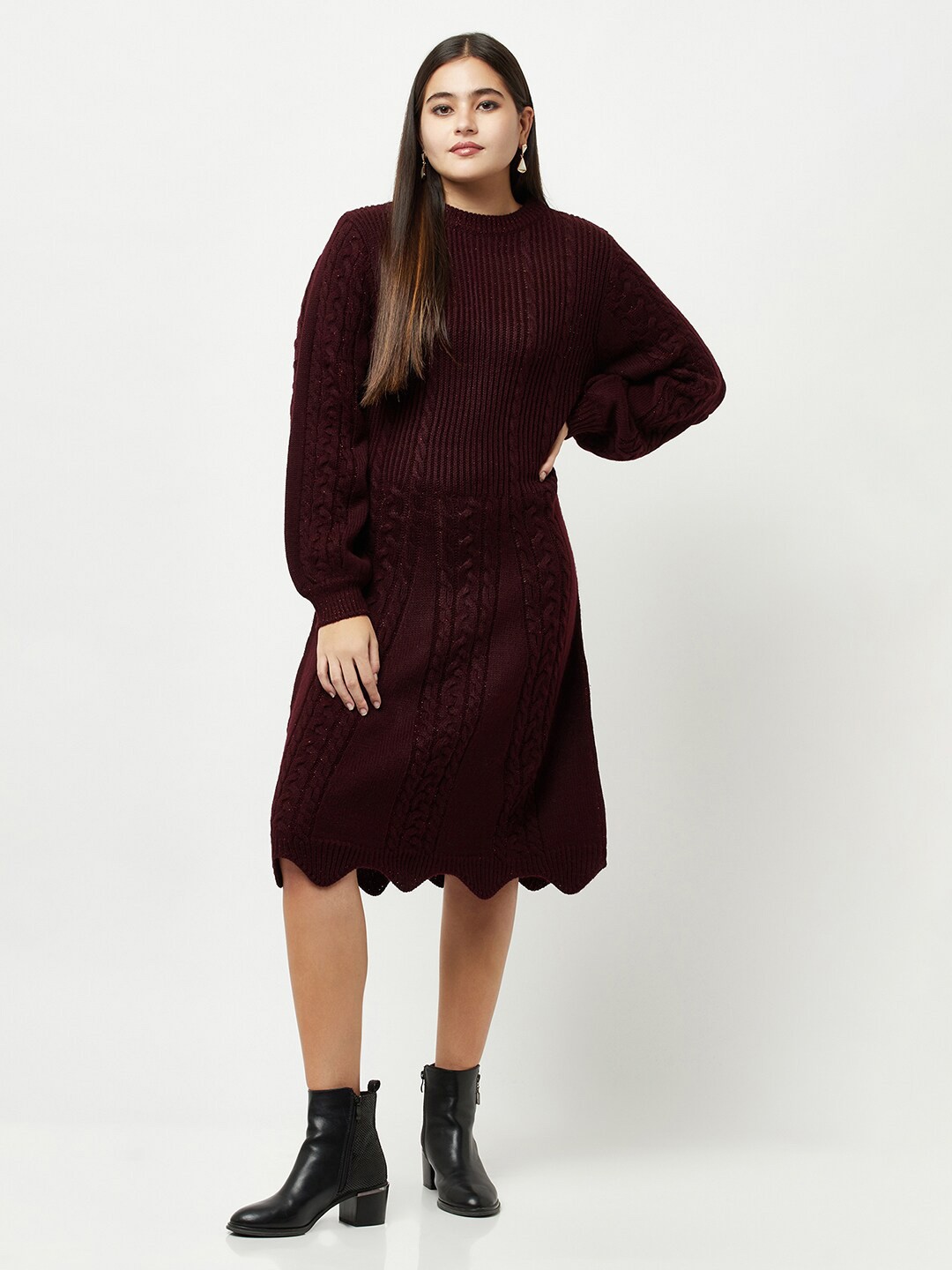 

Knitstudio Women Burgundy Self Design Fit & Flare Wool Dress