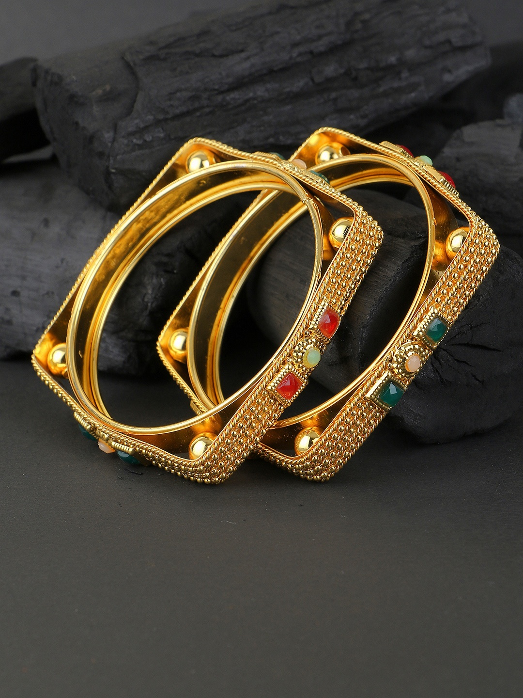 

Adwitiya Set of 2 Gold-Plated Red & Green Stone-Studded Bangle