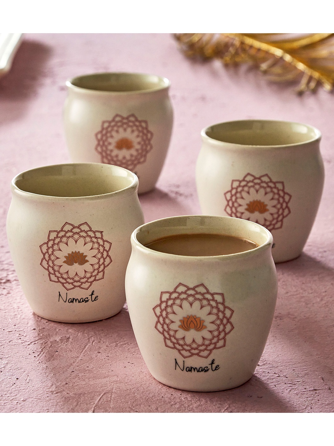 

Home Centre Set of 4 Cream Printed Dishwasher safe Stoneware Matte Kulladhs 160ml each