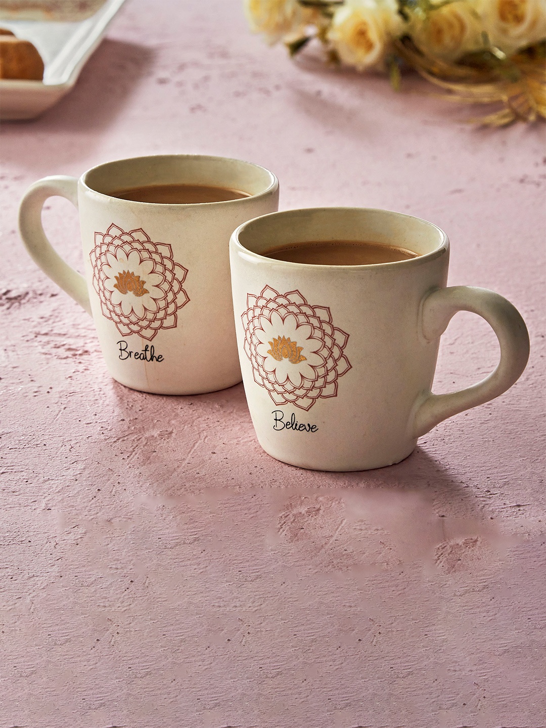 

Home Centre Cream Set of 2 Printed Dishwasher safe Stoneware Glossy Mugs