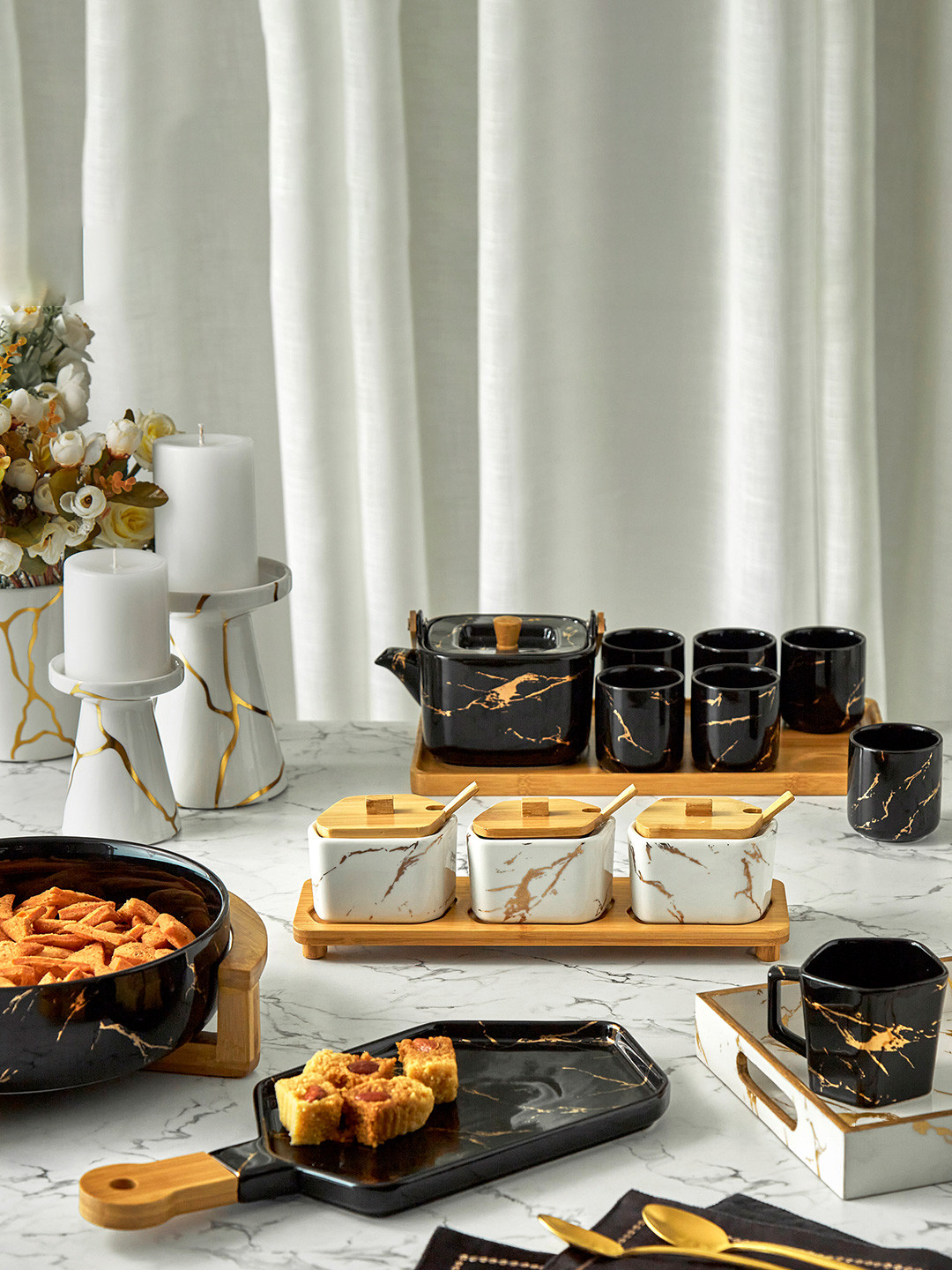 

Home Centre Set of 6 Printed Dishwasher safe Stoneware Glossy Cups and Saucers 250ml each, Black
