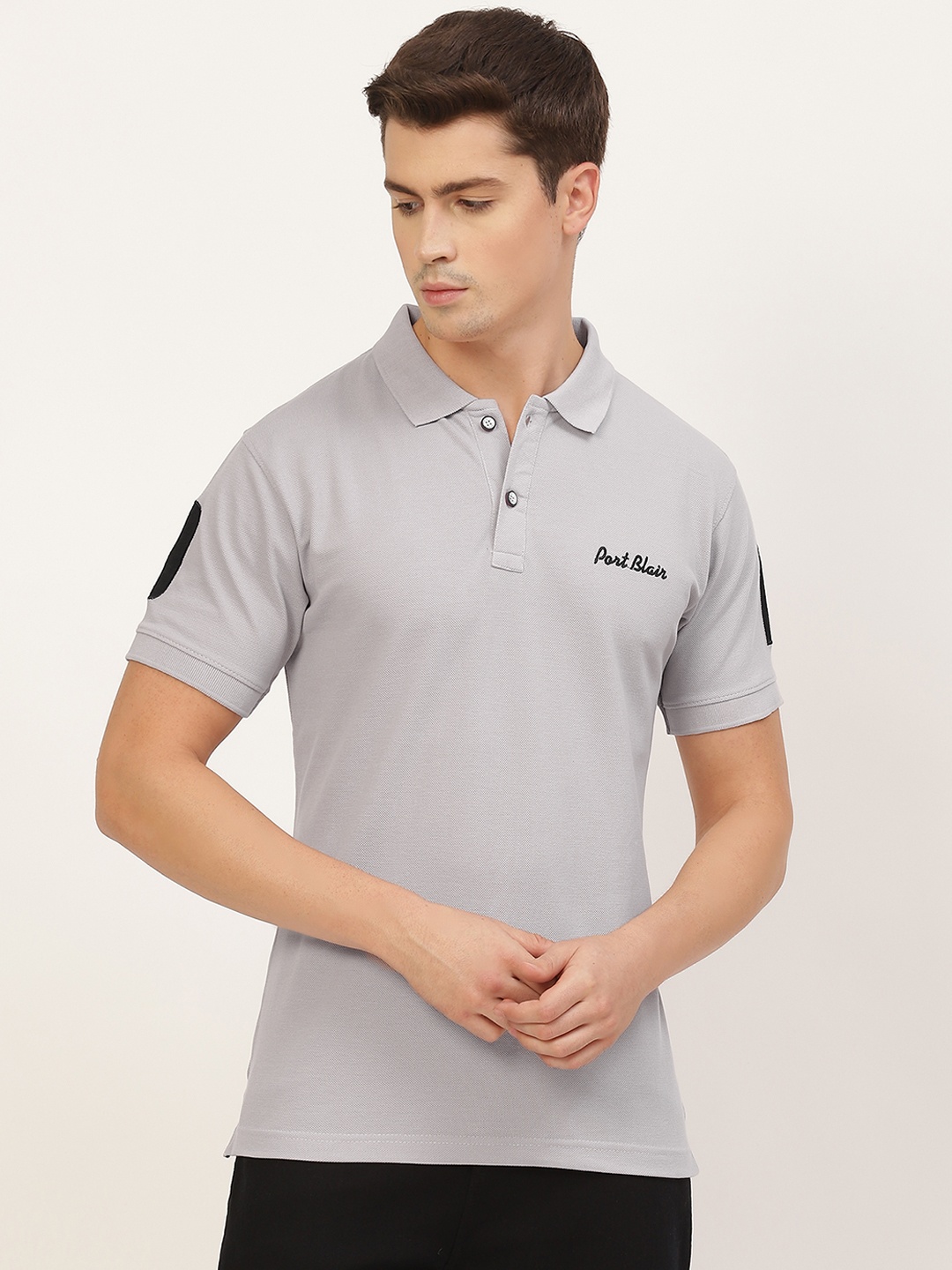 

PORTBLAIR Men Grey Pique Polo Collar T-shirt