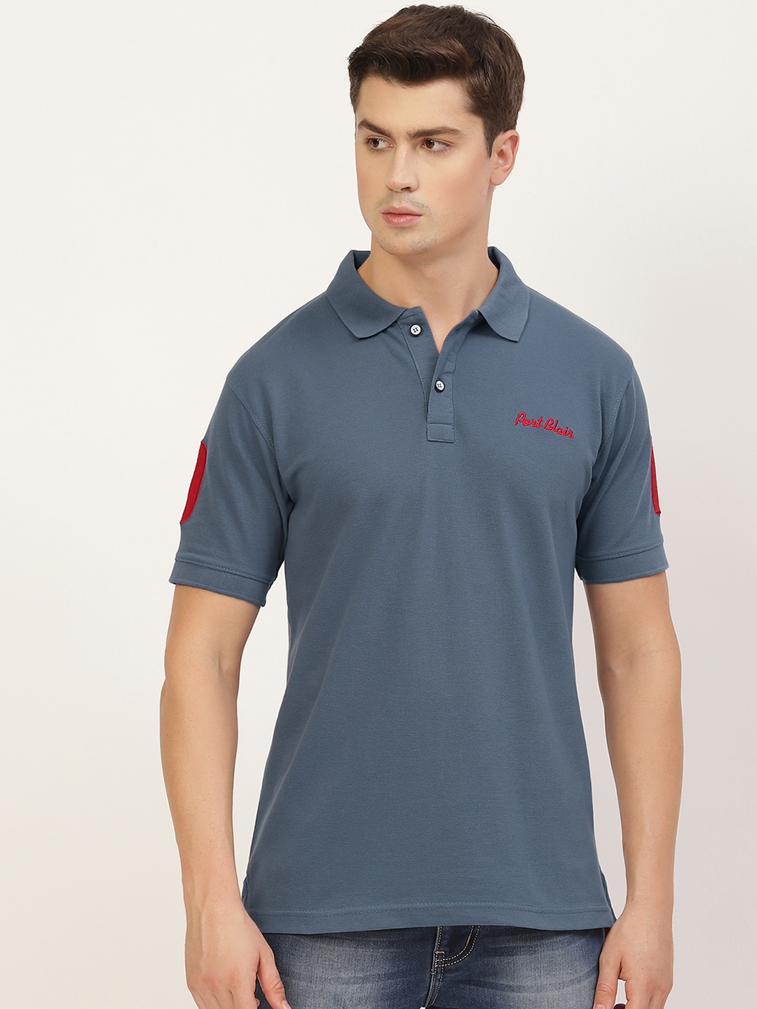 

PORTBLAIR Men Blue Pique Polo Collar T-shirt