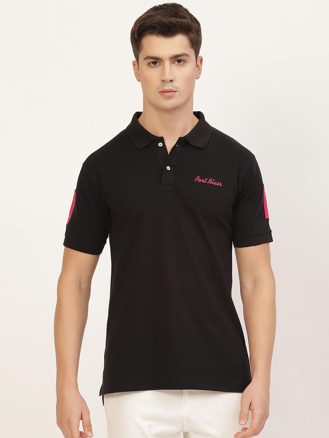 

PORTBLAIR Men Black Pique Polo Collar T-shirt