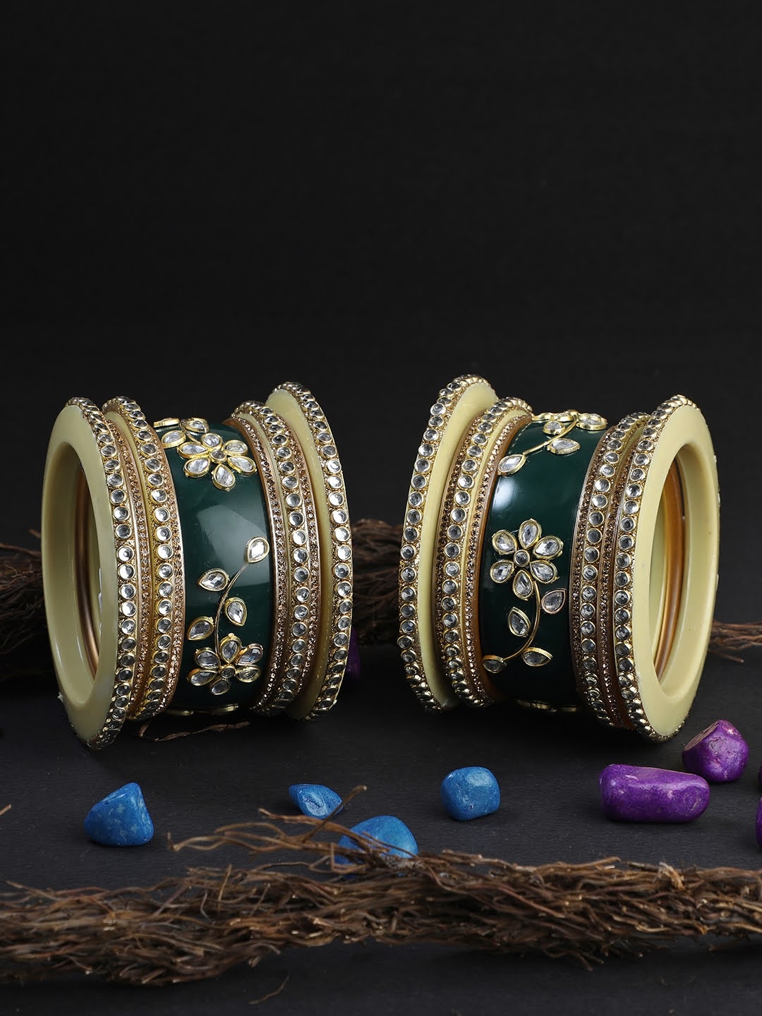 

Adwitiya Collection Set Of 18 Gold-Plated Green Kundan Studded Bangles