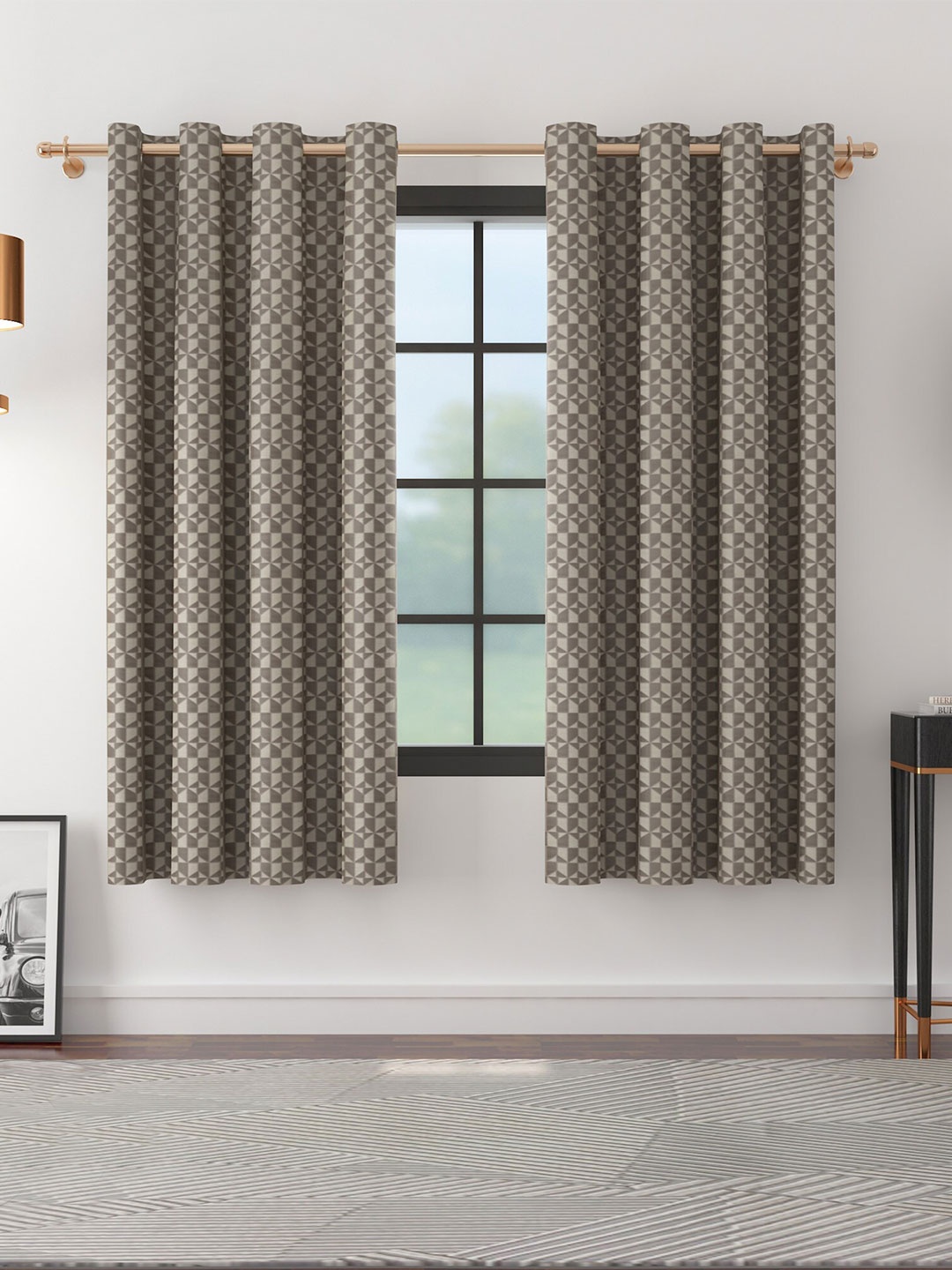 

HomeTown Set of 2 Geometric Room Darkening Window Curtain, Grey