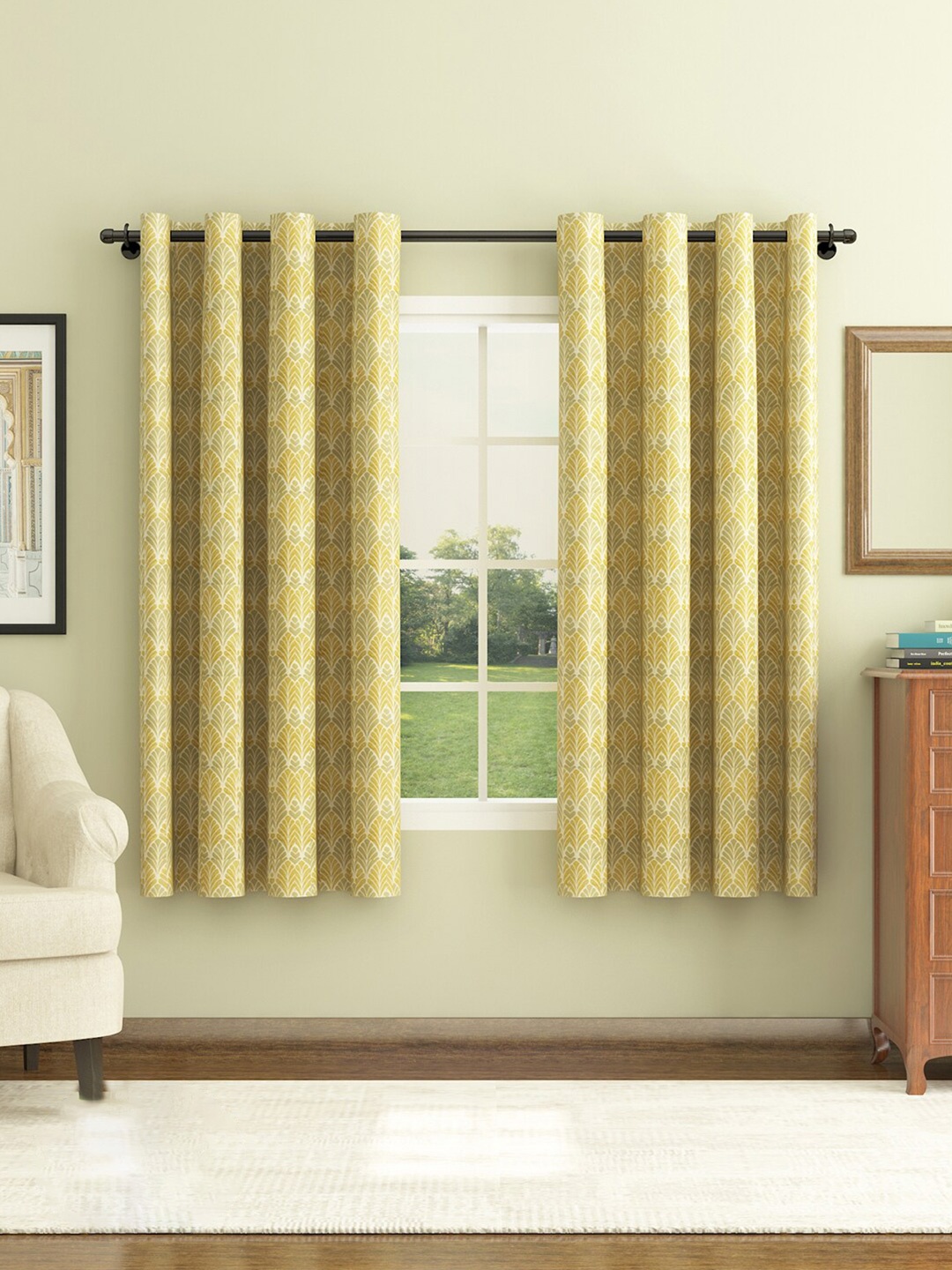 

HomeTown Set of 2 Mustard & Olive Green Floral Room Darkening Window Curtain