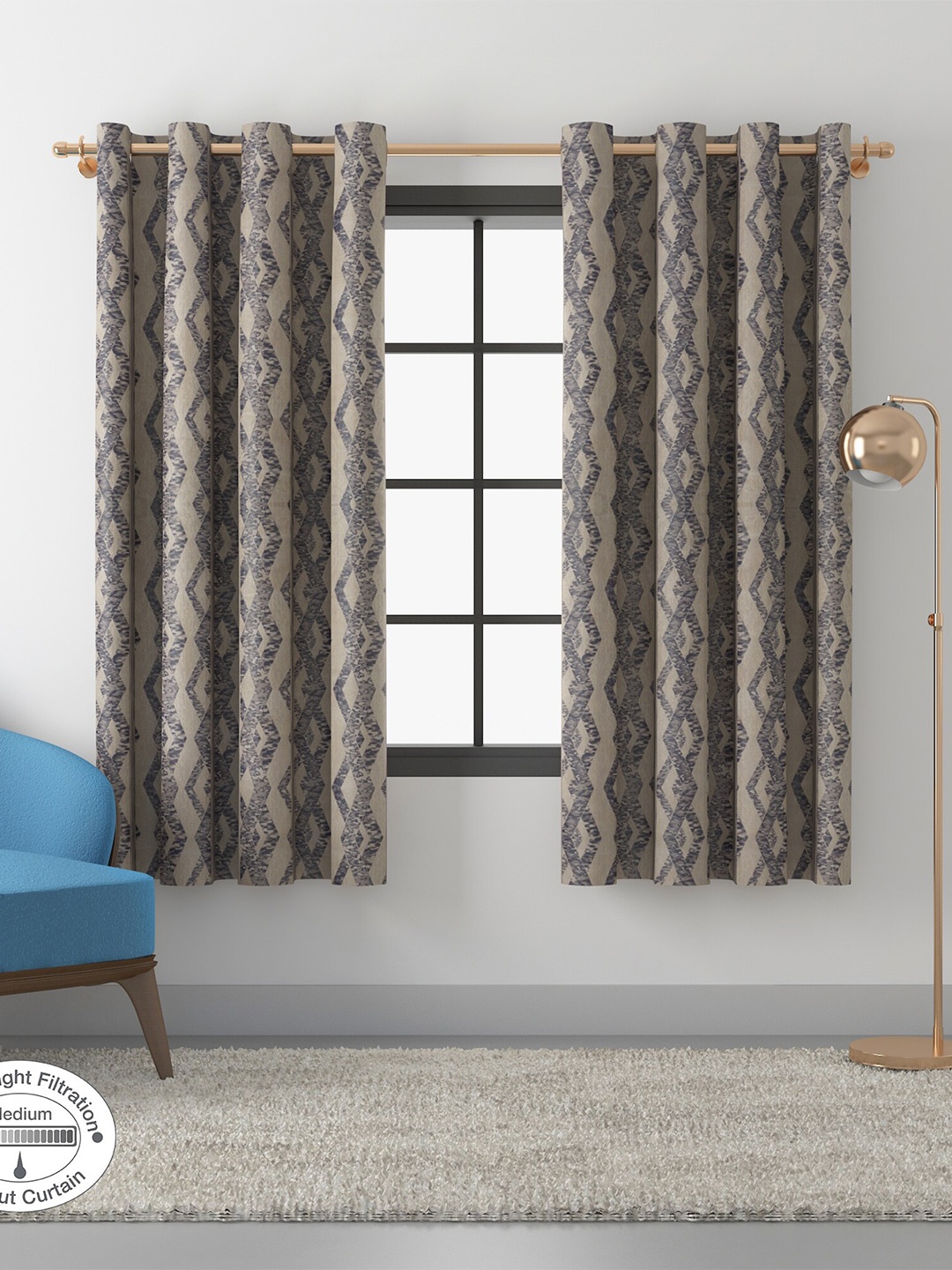 

HomeTown Set of 2 Beige & Blue Room Darkening Window Curtain