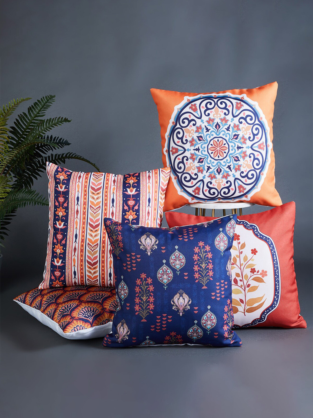 

Home Centre Set of 5 Ethnic Motifs Square Cushion Covers, Blue