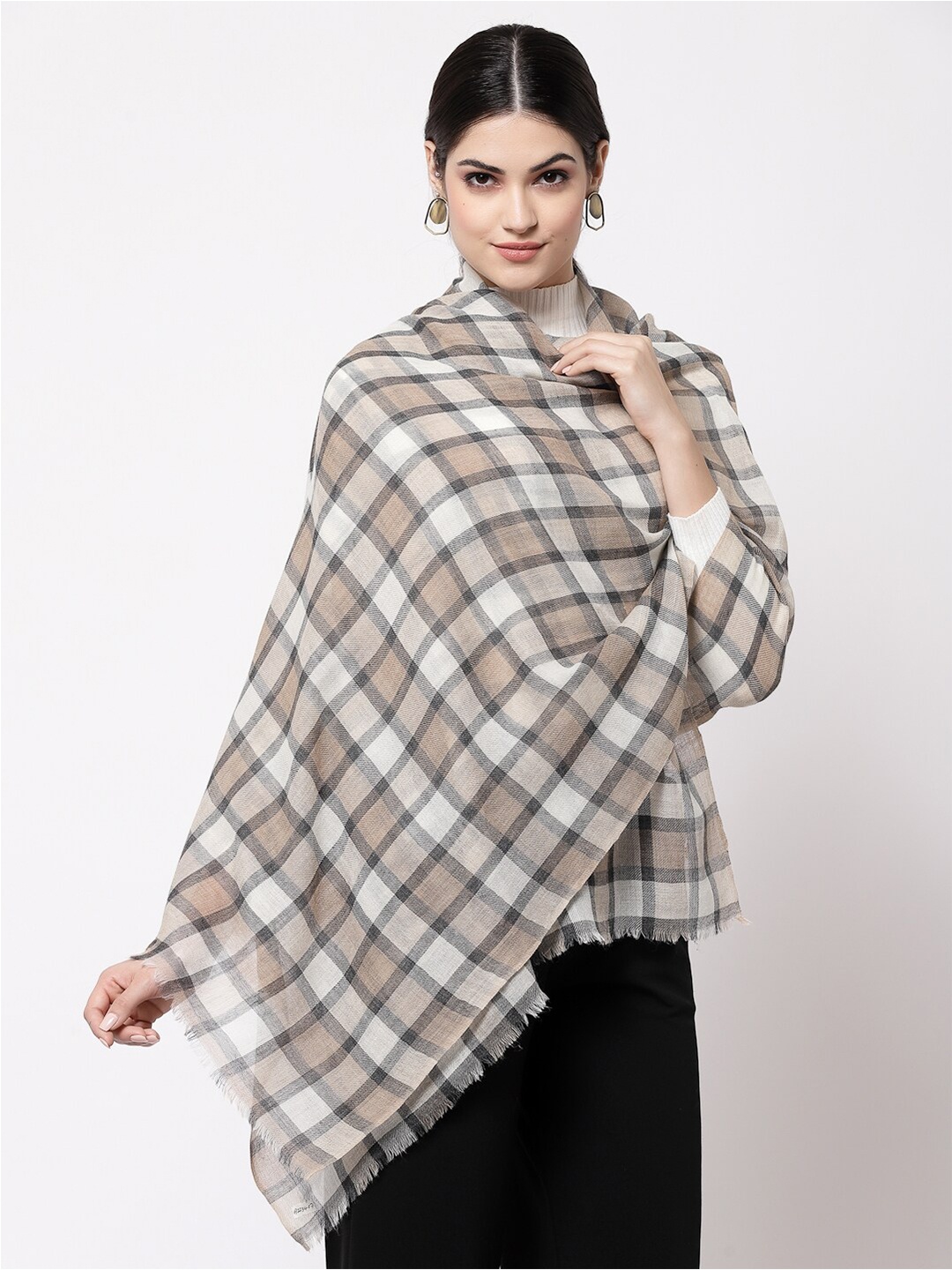 

Calvadoss Women Checked Wool Stole, Off white