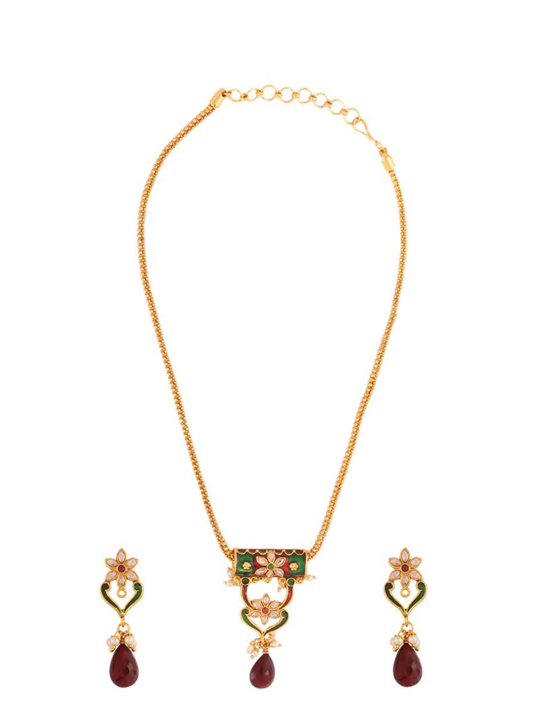 

Adwitiya Collection Gold-Plated Maroon Stone Studded Jewellery Set