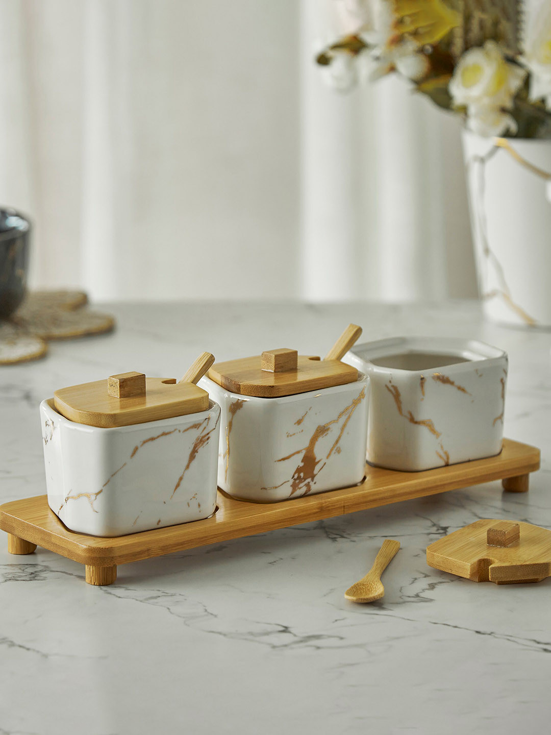 

Home Centre Showstopper Set Of 10 Printed Stoneware Canister With Wooden Lid & Platter, White