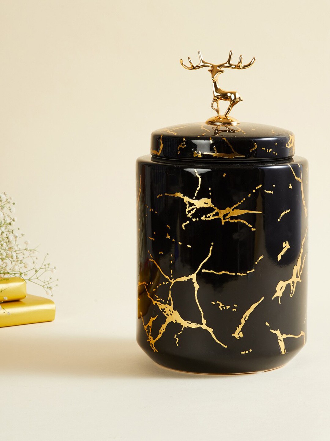 

Home Centre Novelty Black & Gold-Toned Printed Table Canister With Lid
