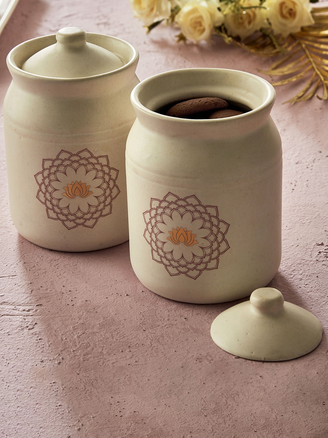 

Home Centre Vrindawan Platonic Cream Set Of 2 Printed Stoneware Canisters 930 ml Each