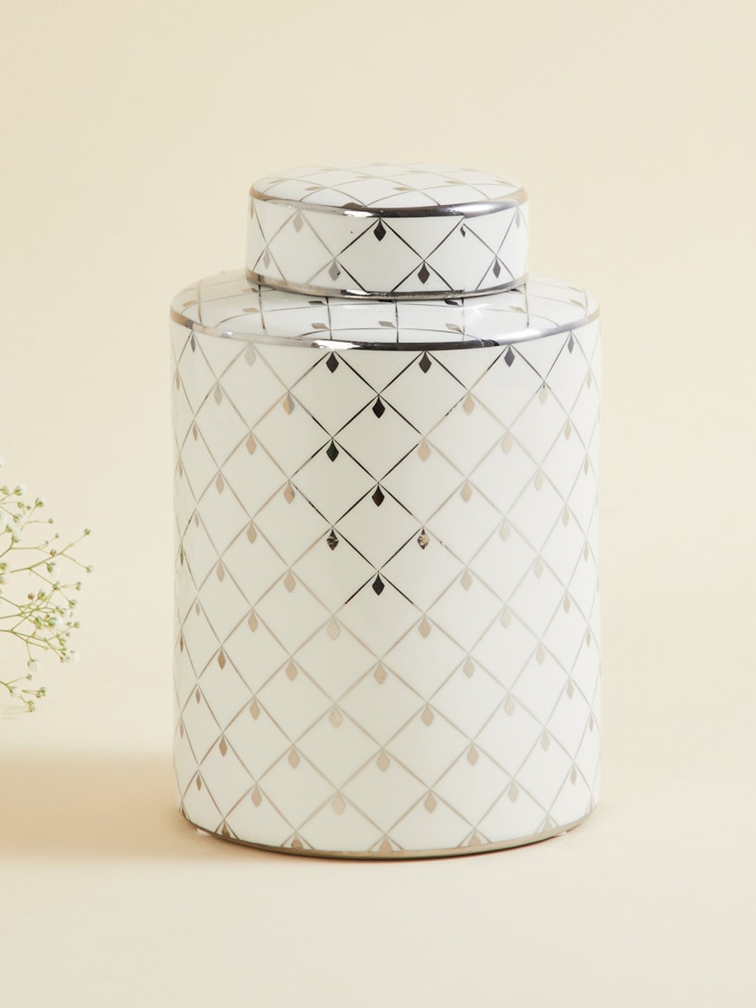 

Home Centre Glitz Decor White Checked Cylindrical Ceramic Canister with Lid