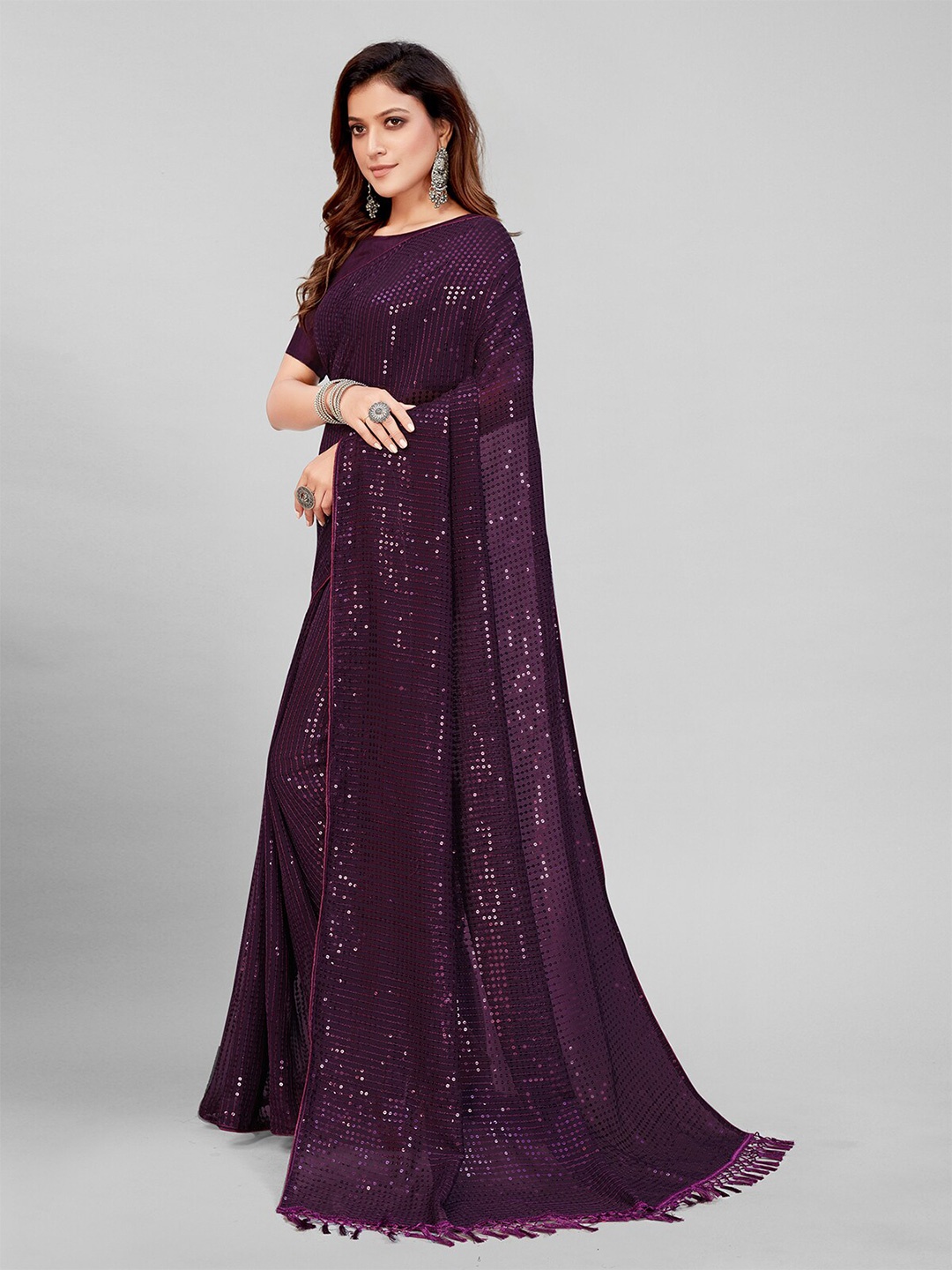 

Mitera Purple Embellished Sequinned Pure Georgette Saree