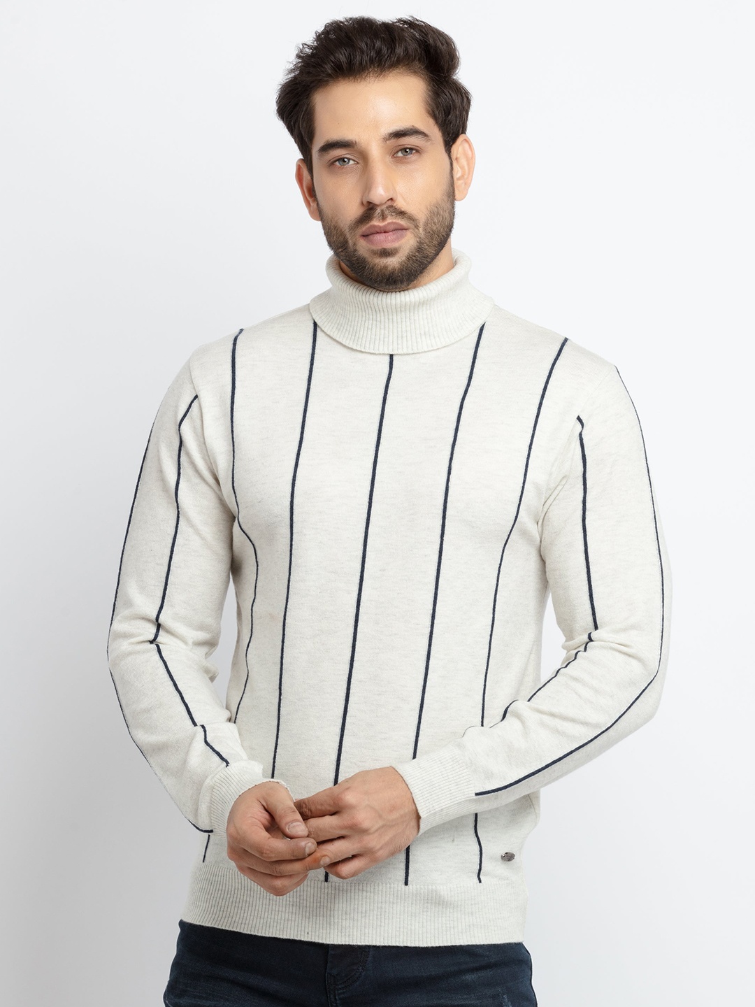 

Status Quo Men Grey & Off White Striped Acrylic Pullover Sweater