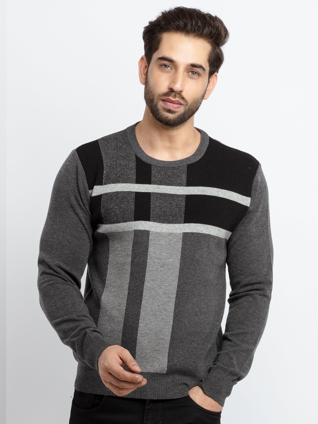 

Status Quo Men Grey & Black Colourblocked Acrylic Pullover Sweater