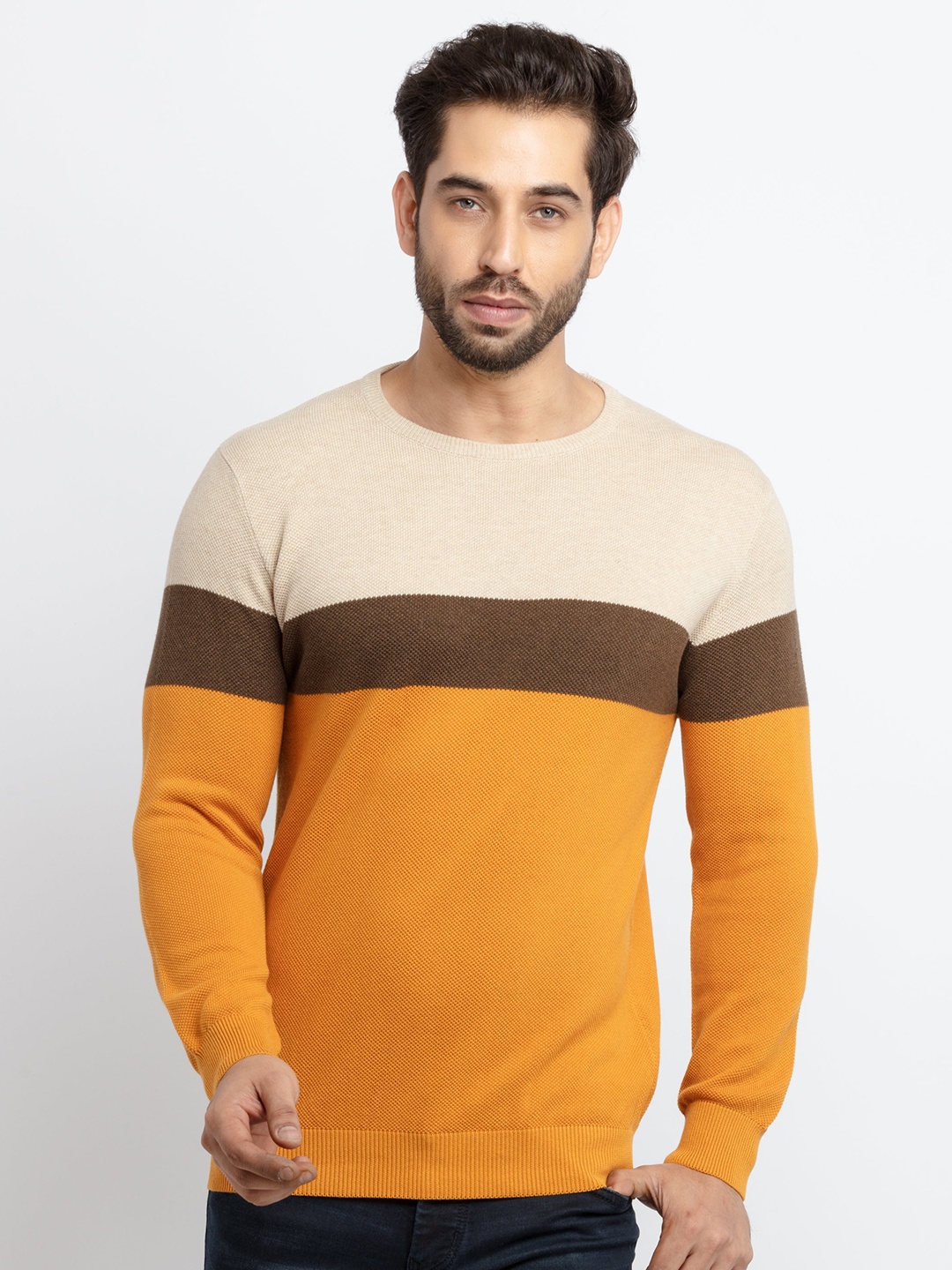 

Status Quo Men Mustard & Off White Colourblocked Cotton Pullover Sweater