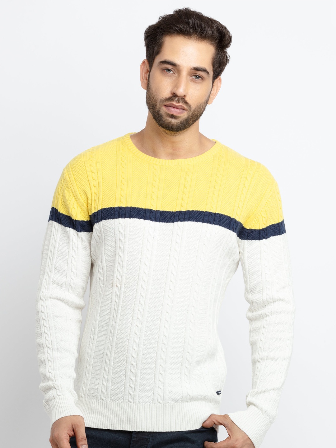 

Status Quo Men Yellow & White Cable Knit Colourblocked Cotton Pullover Sweater