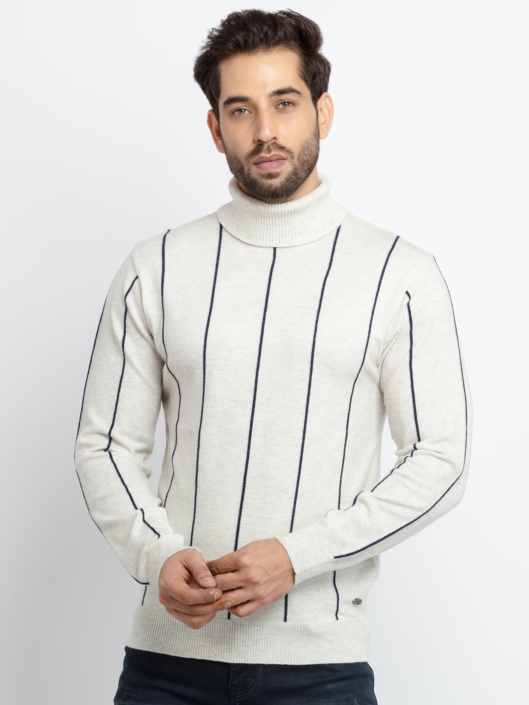 

Status Quo Men Grey & White Striped Acrylic Pullover Sweater