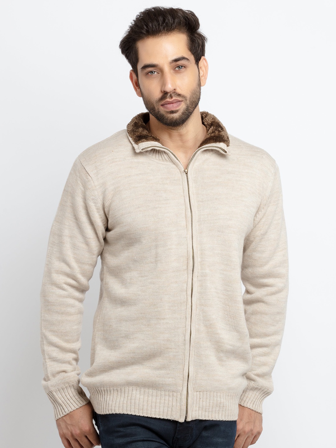

Status Quo Men Beige Acrylic Cardigan Sweater