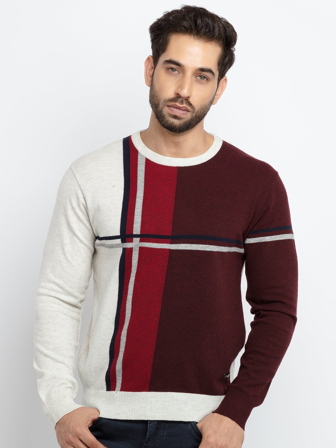 

Status Quo Men Maroon & Cream-Coloured Colourblocked Acrylic Pullover Sweater