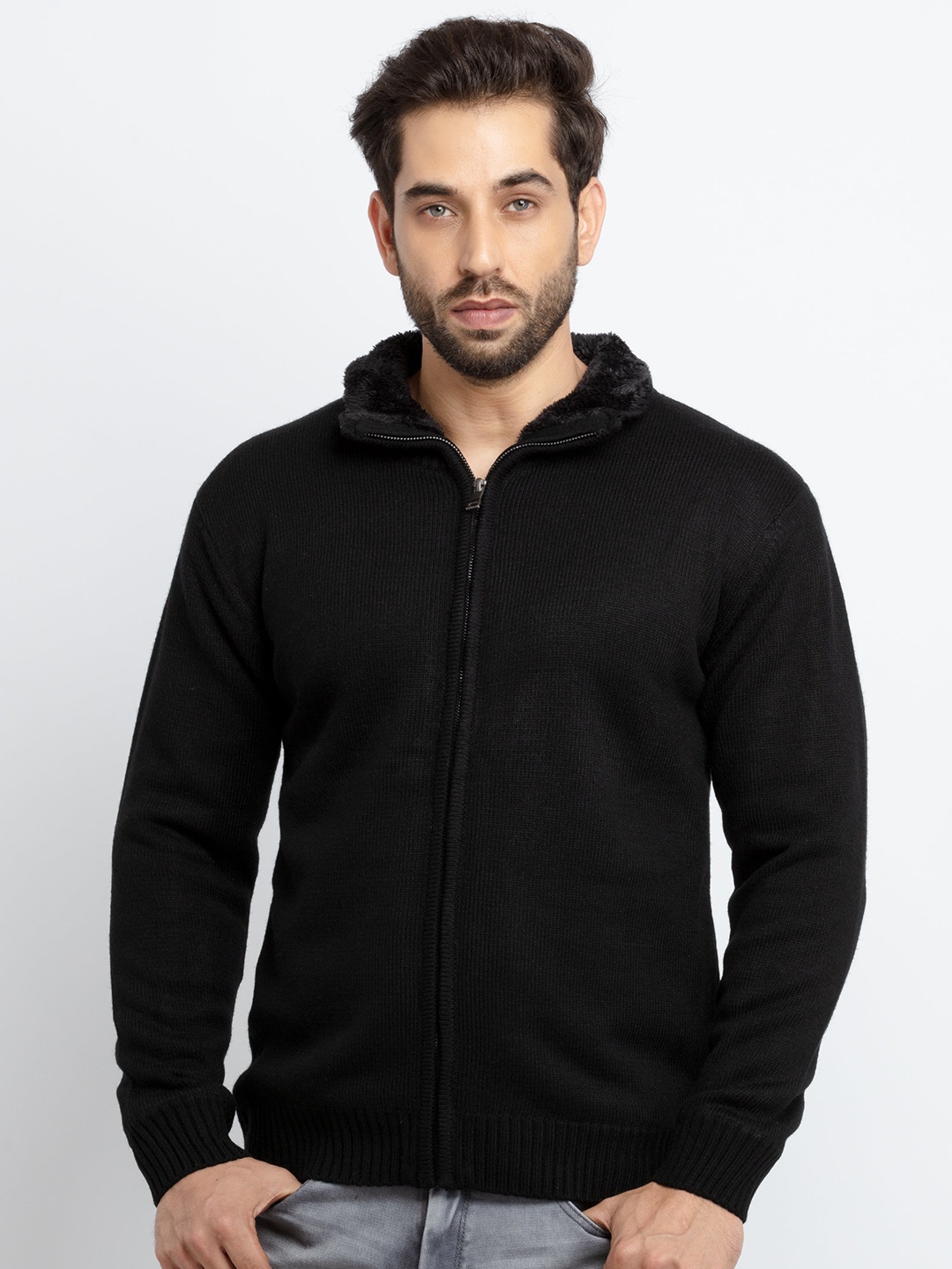 

Status Quo Men Black Acrylic Cardigan Sweater