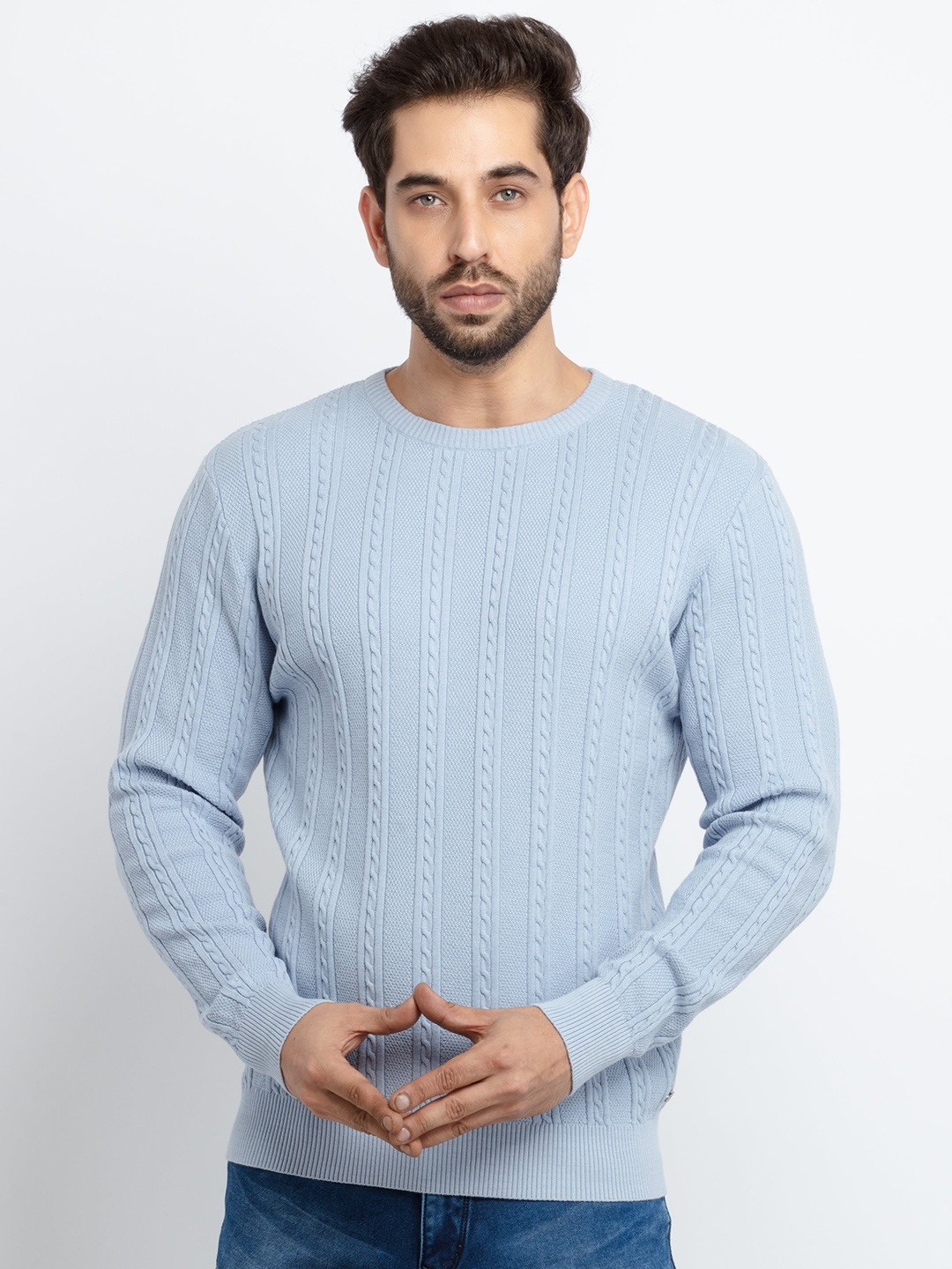 

Status Quo Men Blue Cable Knit Cotton Pullover Sweater