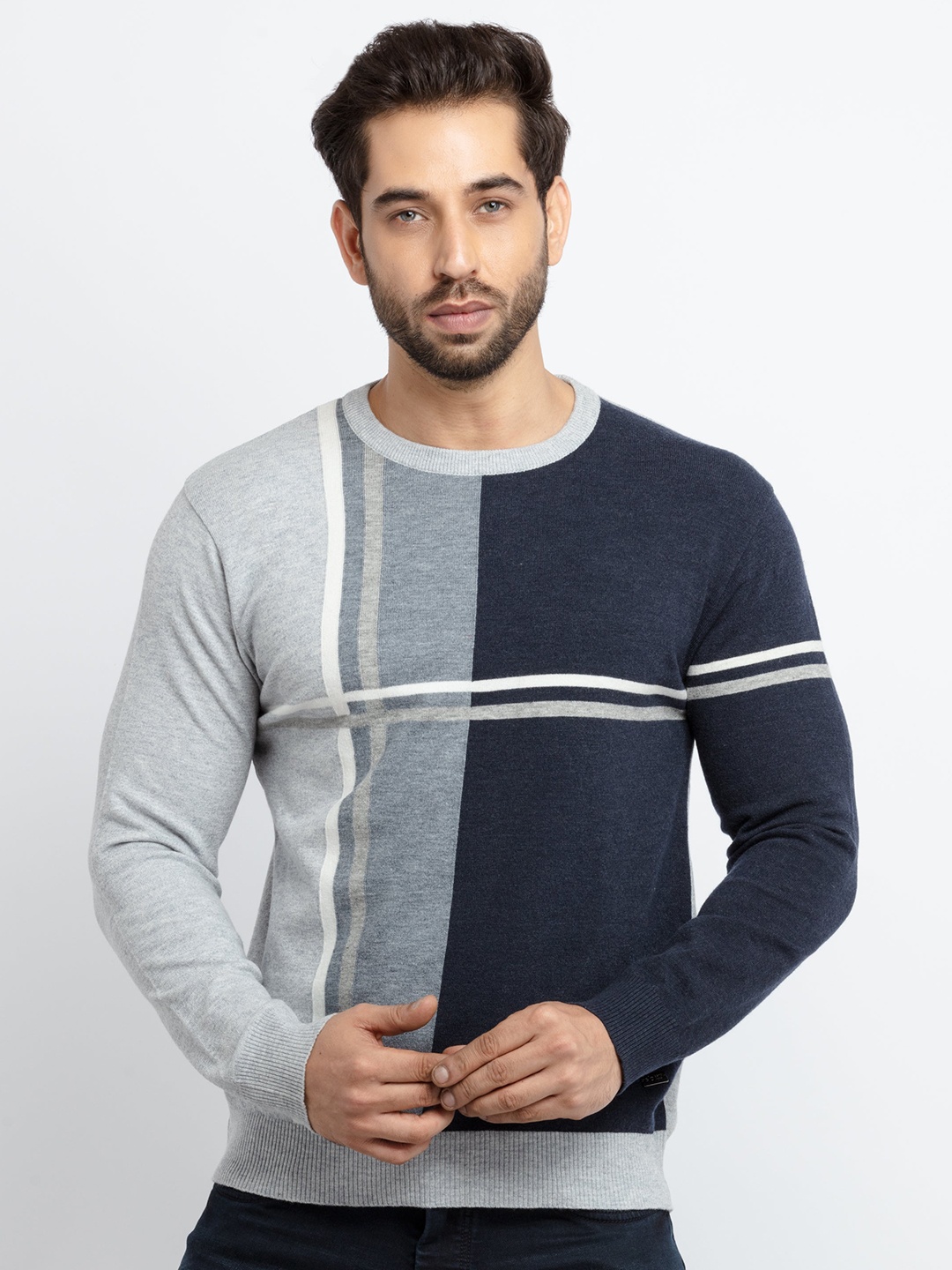 

Status Quo Plus Size Men Grey & Blue Colourblocked Acrylic Pullover Sweater, Grey melange