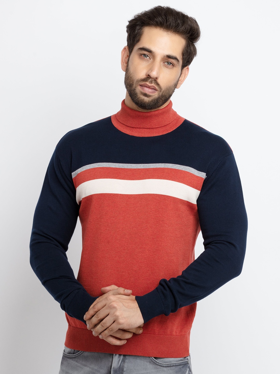 

Status Quo Plus Size Men Rust & Navy Blue Striped Cotton Pullover Sweater