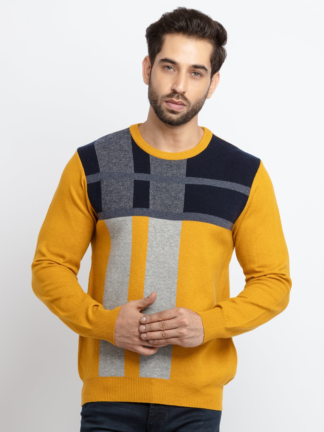 

Status Quo Men Mustard & Blue Colourblocked Cotton Pullover Sweater