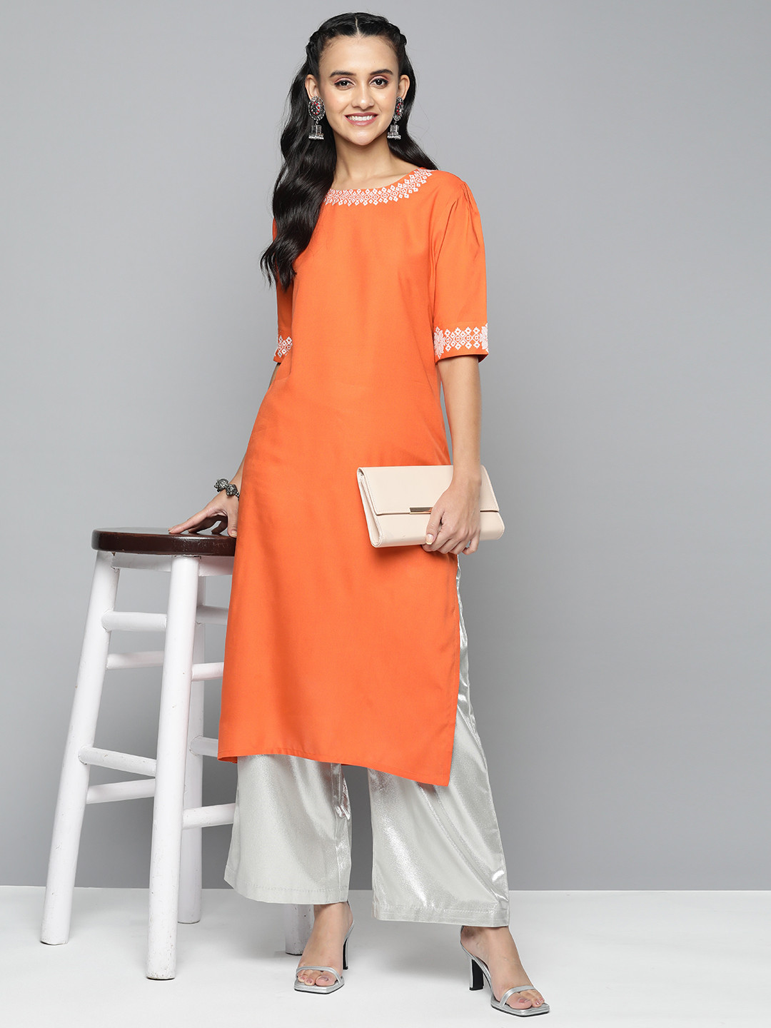 

HERE&NOW Puff Sleeves Thread Work Detail Kurta, Orange