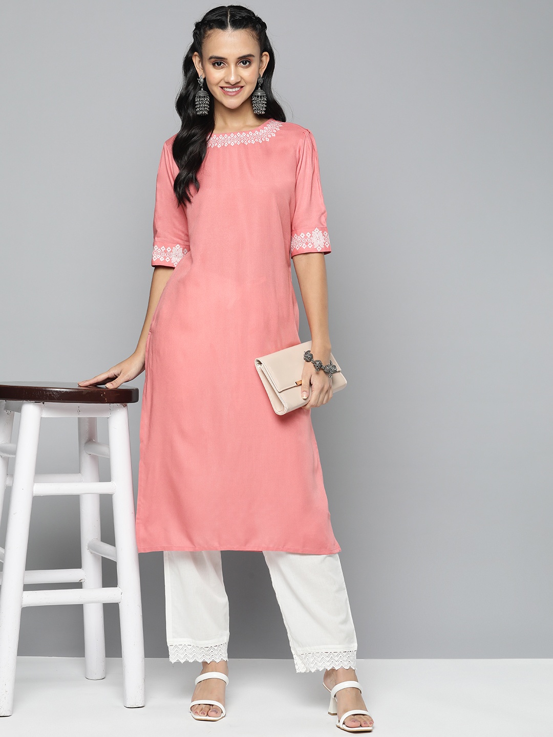 

HERE&NOW Puff Sleeves Thread Work Detail Kurta, Rose