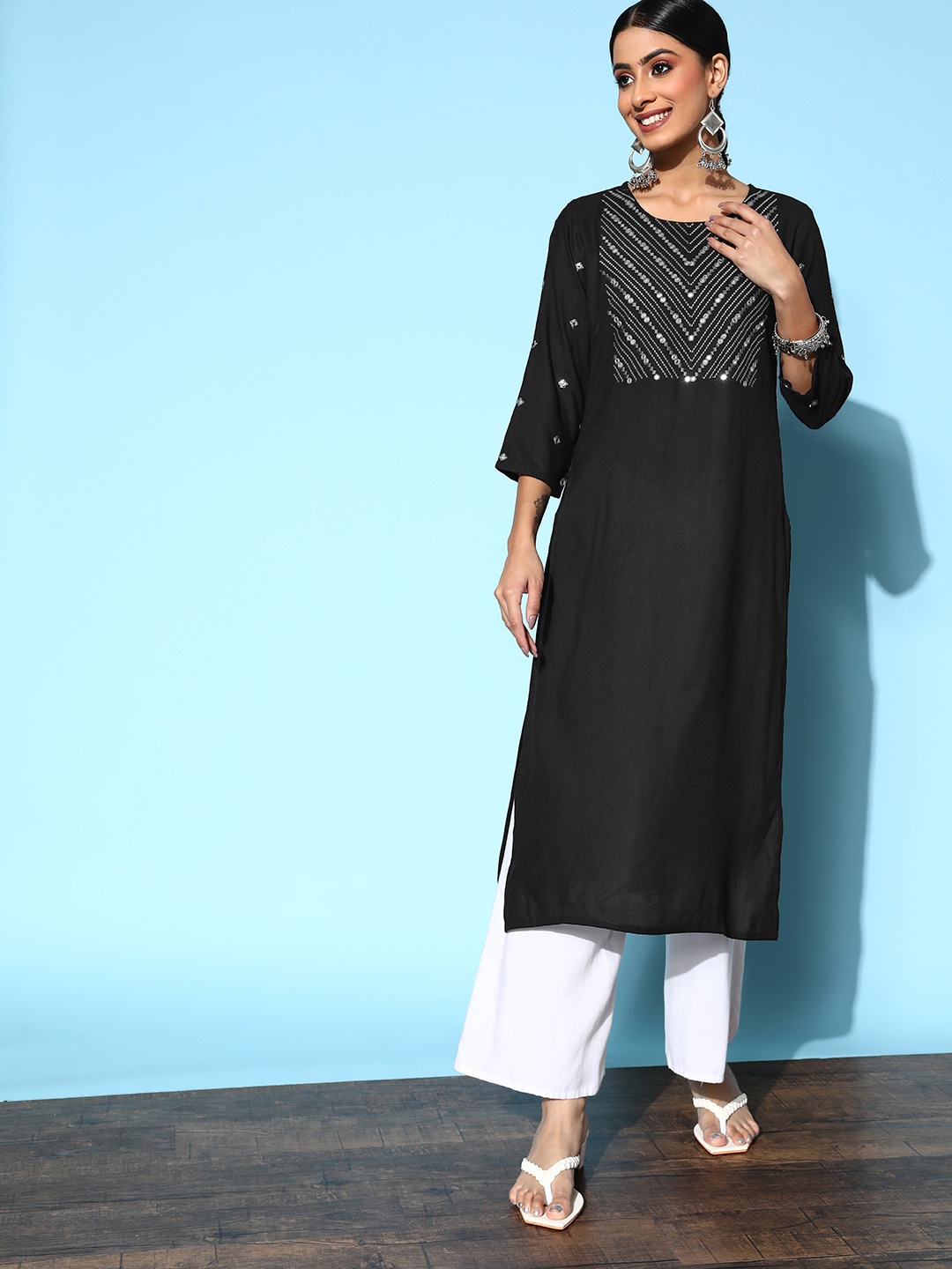 

HERE&NOW Women Stylish Black Viscose Rayon Shimmer & Sequin Kurta