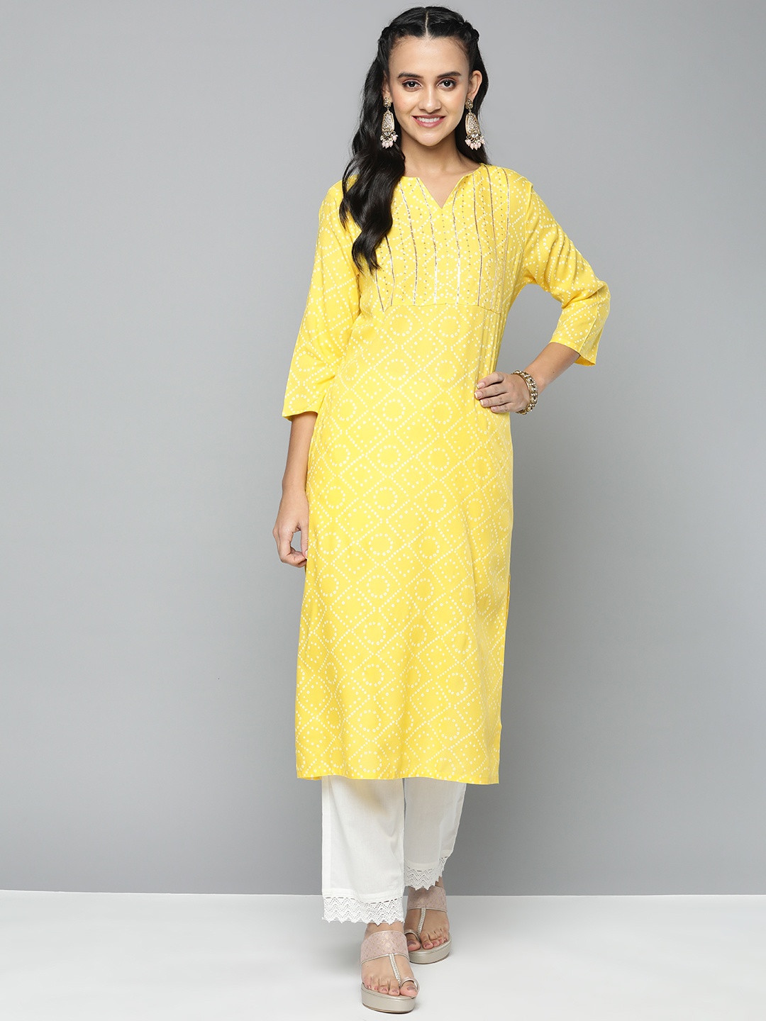 

HERE&NOW Bandhani Printed Gotta Patti Detail Straight Kurta, Yellow