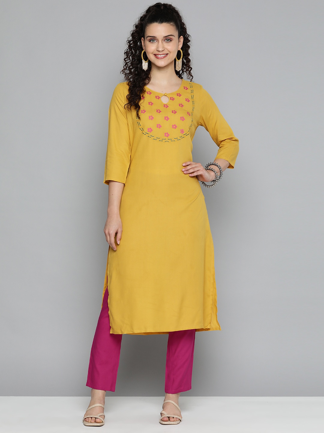 

HERE&NOW Floral Embroidered Keyhole Neckline Straight Kurta, Mustard