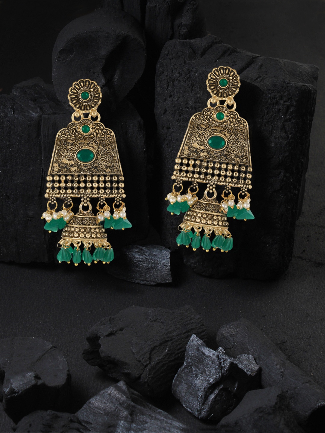 

Adwitiya Collection Women Gold-Toned & Green Classic Jhumkas Earrings