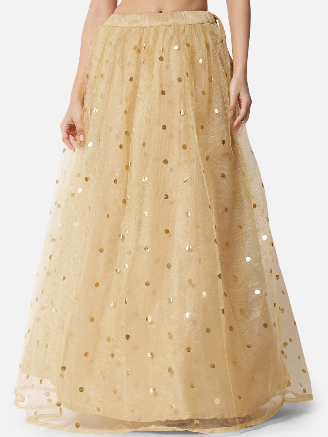 

Studio Rasa Women Beige Polka Foil Printed Flared Net Maxi-Skirt